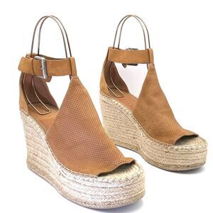 Marc Fisher Annie Perforated Espadrille Platform Wedge Medium Tan Suede Size 11